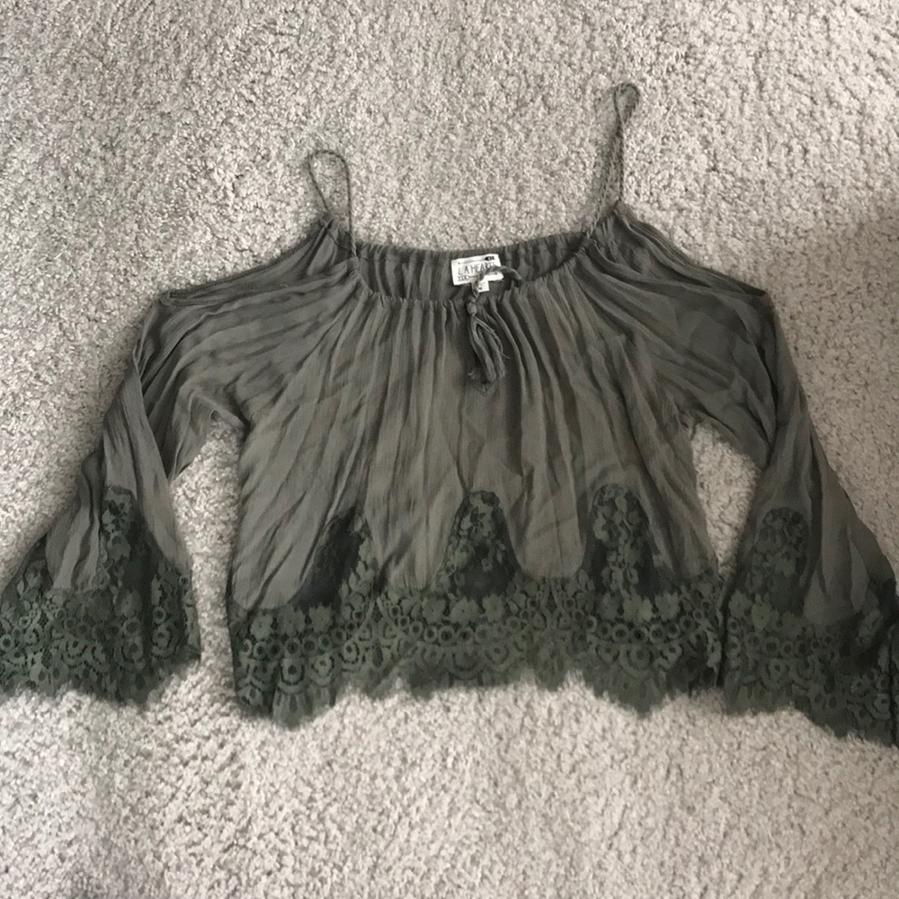 Green lace crop top with open shoulders